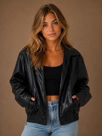 Women's Oversized PU Leather Jacket, Casual Brown or Black Faux Leather Coat - Black