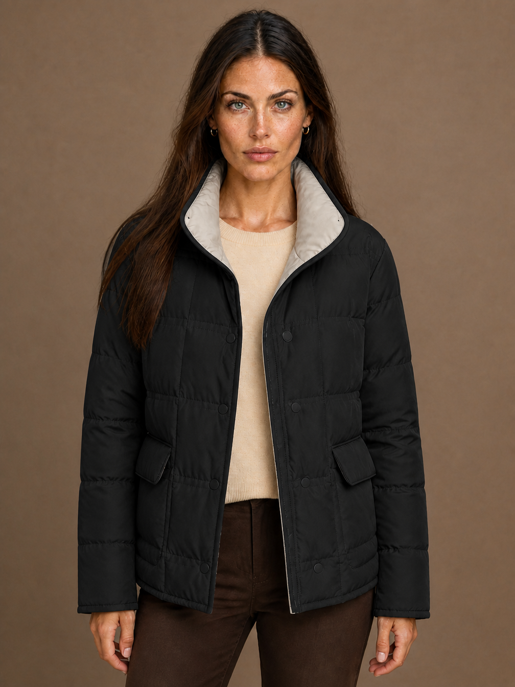 Women's Reversible Quilted Duck Down Jacket with Snap Buttons - Black