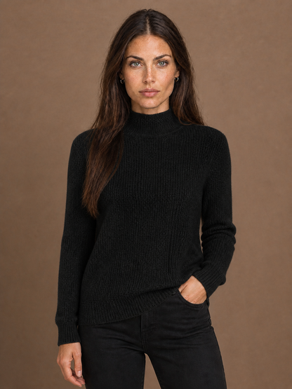 Women's Textured Mock Neck Wool Blend Jumper with Slim Fit and Ribbed Pattern - Black