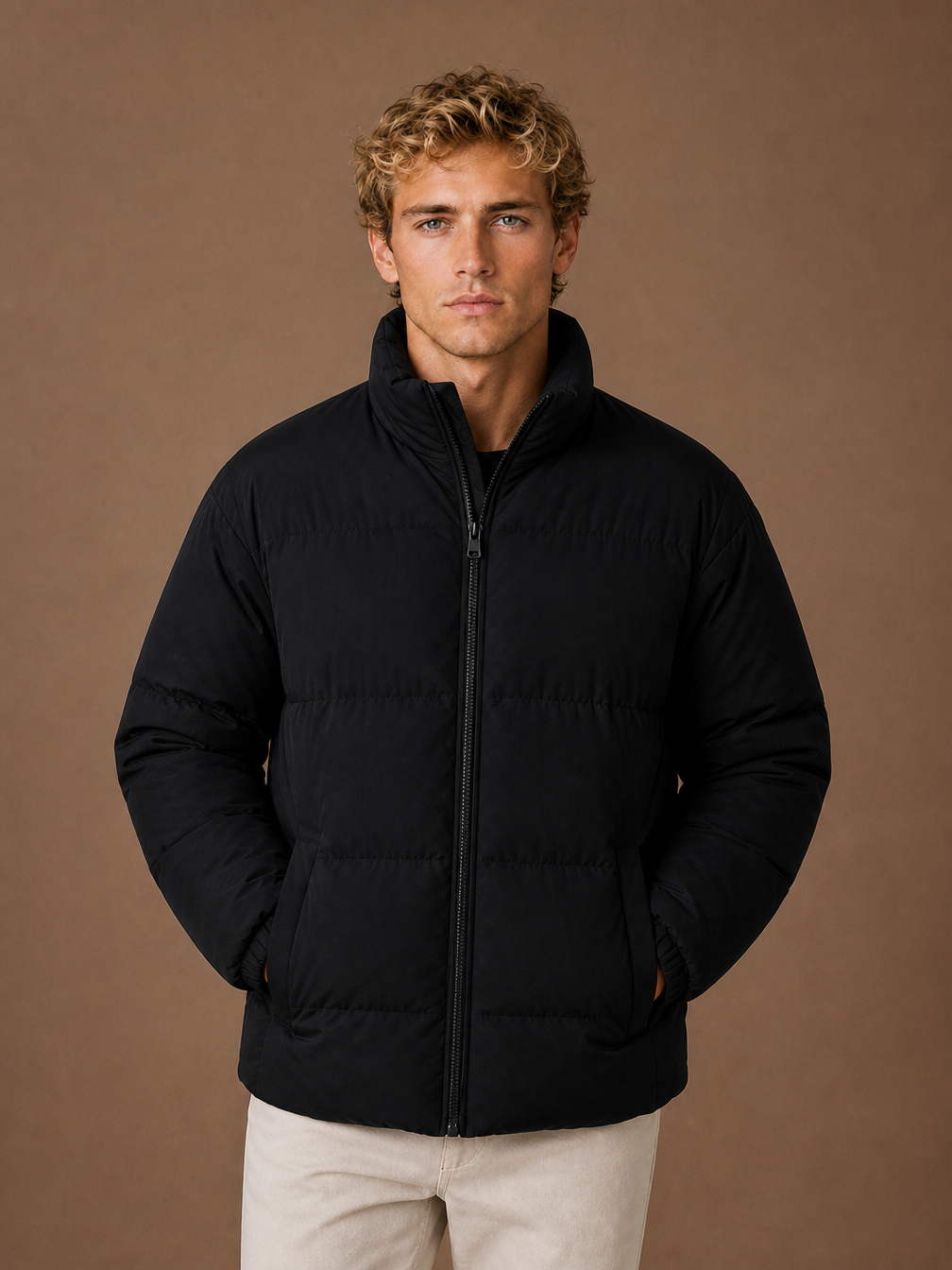 Men's Quilted Puffer Jacket, Regular Fit Winter Coat with Full-Length Zip and Hand Pockets - Black
