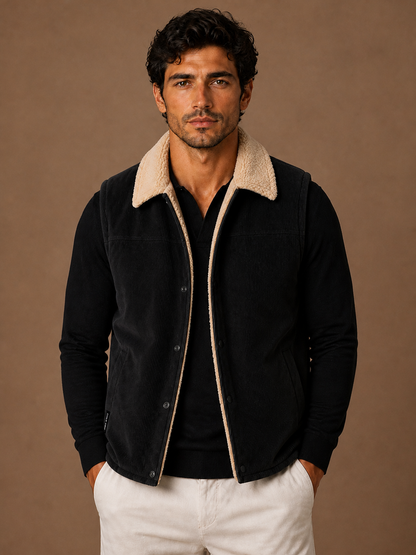 Men's Sherpa-Lined Corduroy Gilet Winter Sleeveless Layering Vest - Black