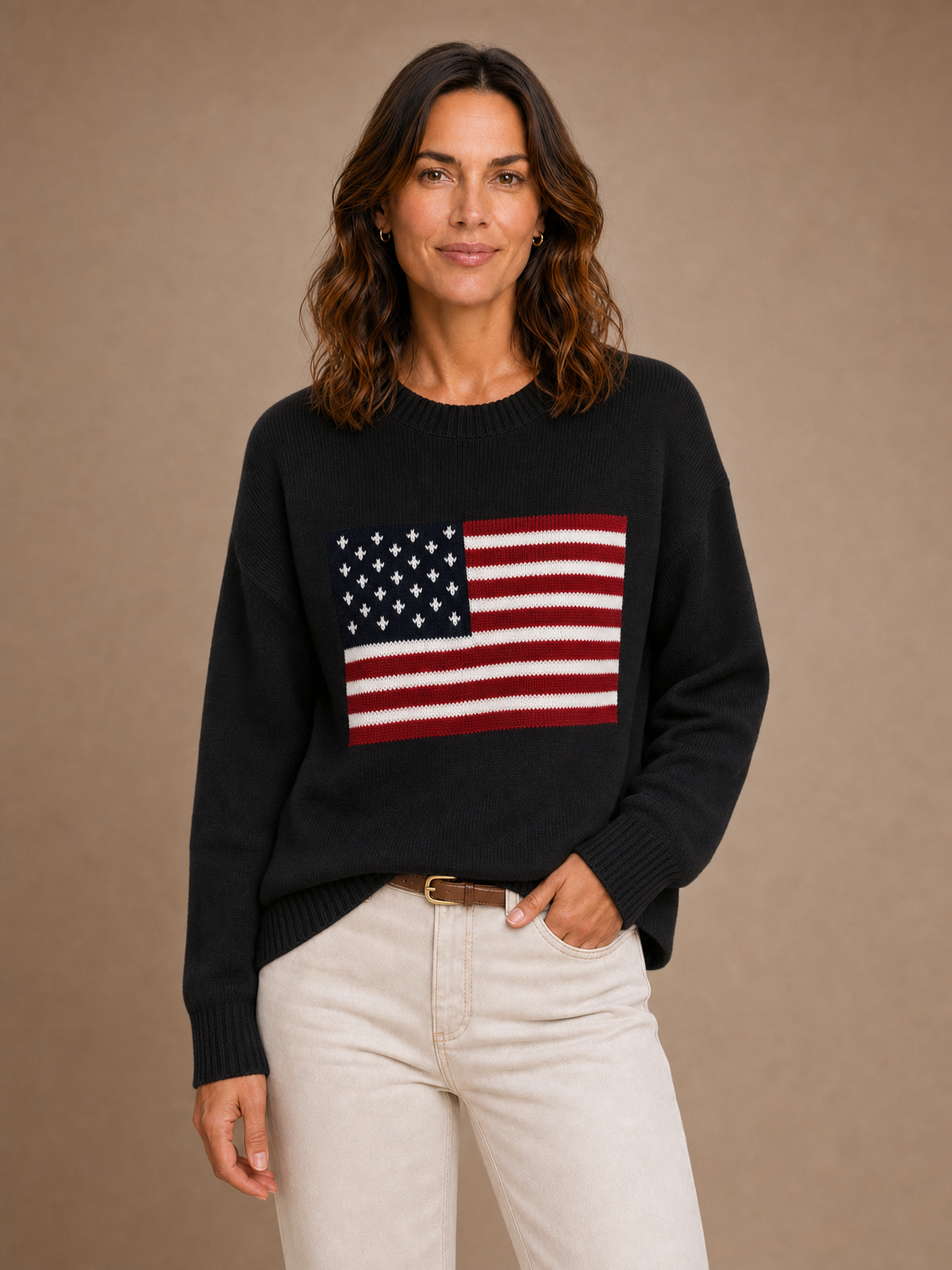 Women's American Flag Sweater - Crew Neck Long Sleeve Pullover - Black