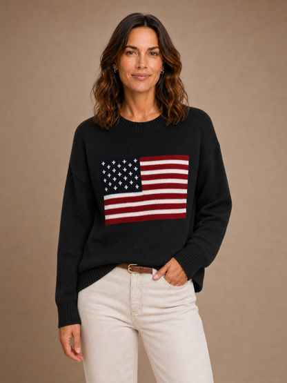 Women's American Flag Sweater - Crew Neck Long Sleeve Pullover - Black