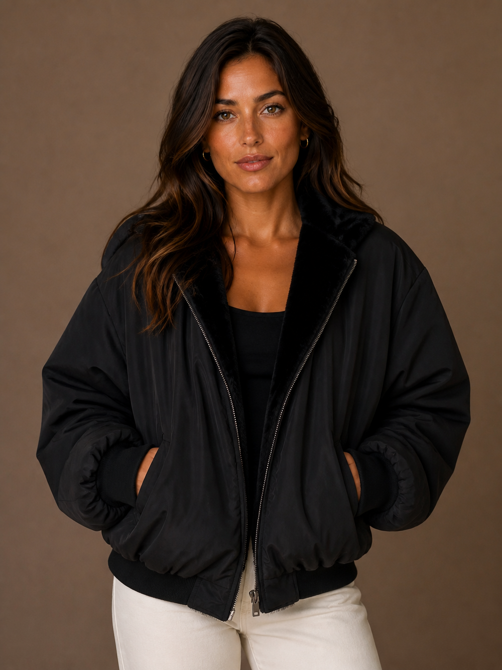Women's Oversized Hooded Puffer Jacket with Plush Trim Stand Collar, Zip Front and Pockets - Black