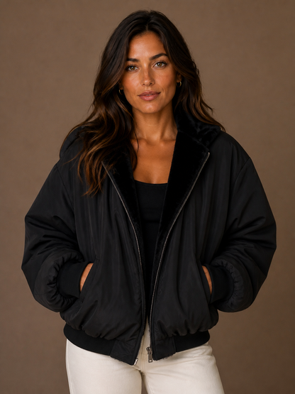 Women's Oversized Hooded Puffer Jacket with Plush Trim Stand Collar, Zip Front and Pockets - Black