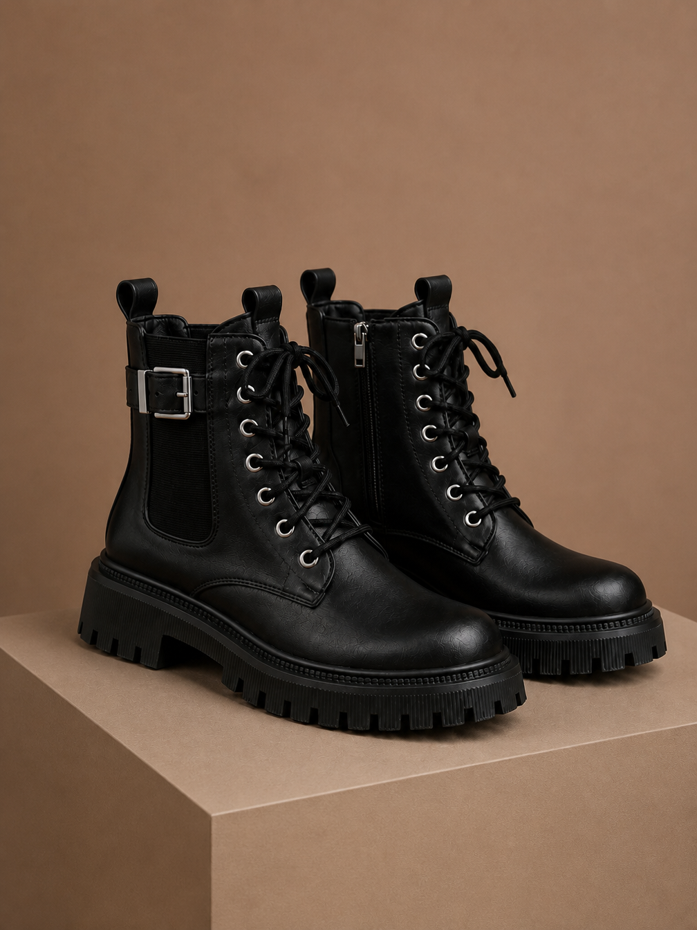 Women's Black Lace-Up Ankle Boots with Buckle Strap and Chunky Lug Sole - Black