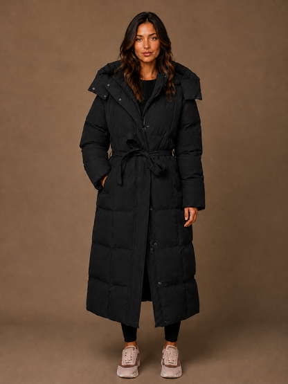 Women's Longline Quilted Puffer Coat with Hood and Tie Waist - Black