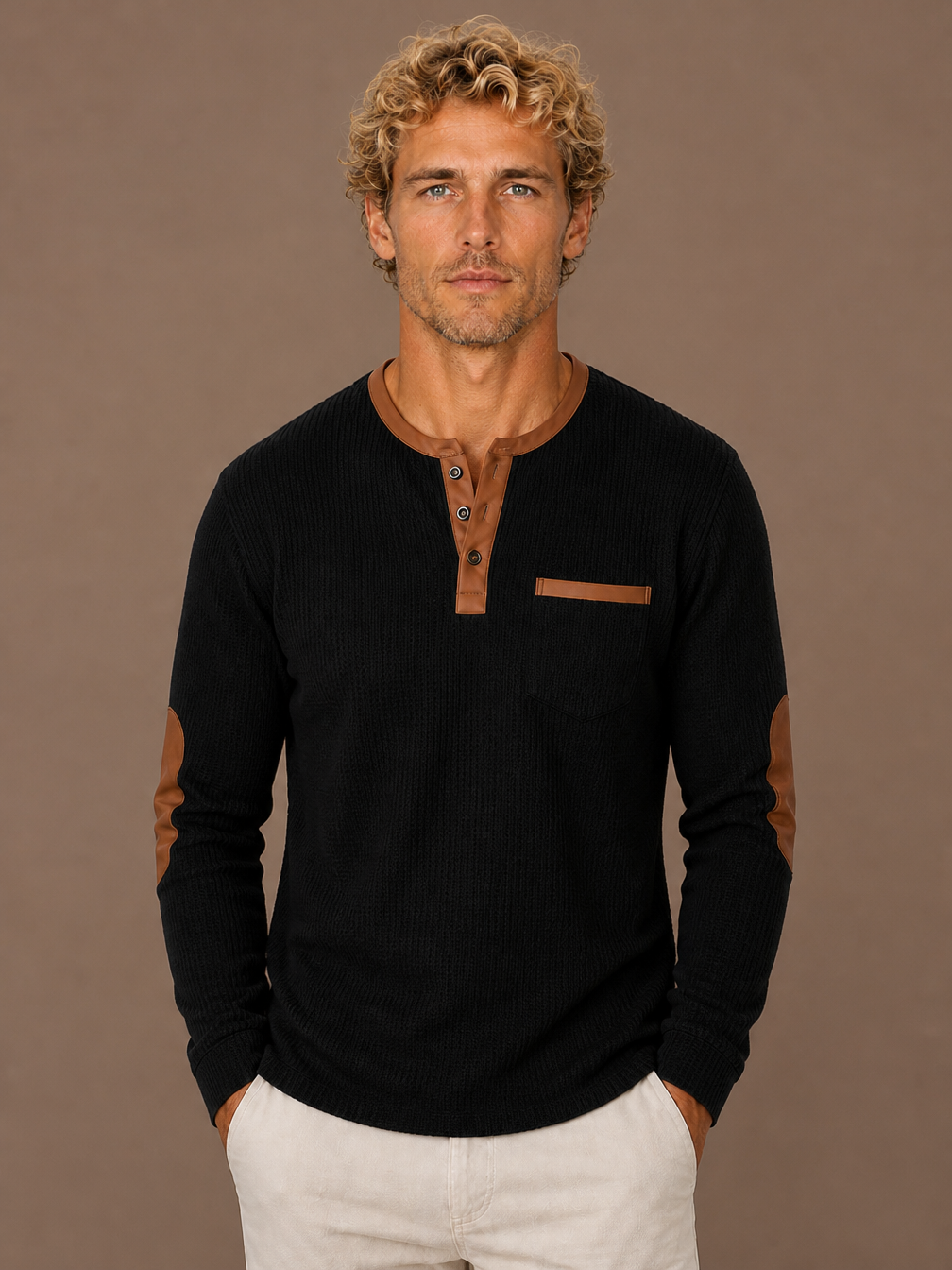 Men's Waffle Knit Henley Shirt Long Sleeve Textured Layering Top - Black