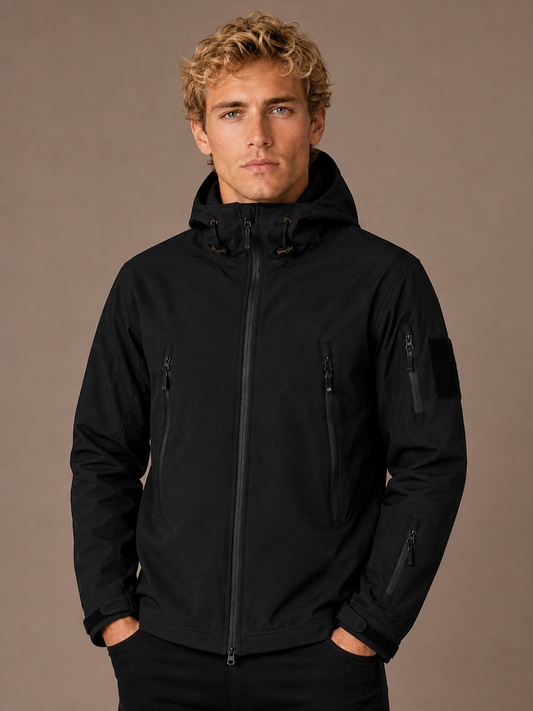 Men's Waterproof Tactical Jacket with Hood - Windproof Softshell Outdoor Coat - Black