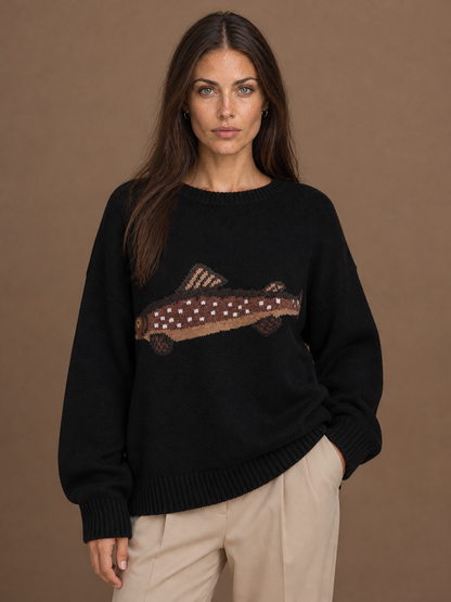Women's Fish Motif Crew Neck Knit Sweater, Relaxed Oversized Fit, Wool Blend - Black