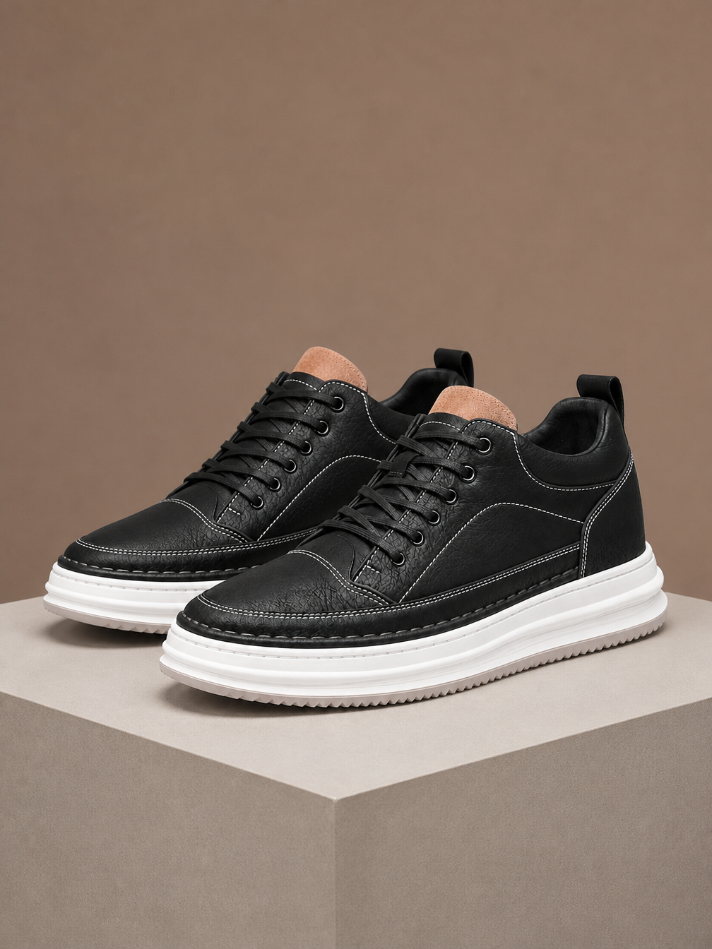 Men’s Leather Look Platform Trainers – Lace-Up Low-Top Casual Shoes - Black