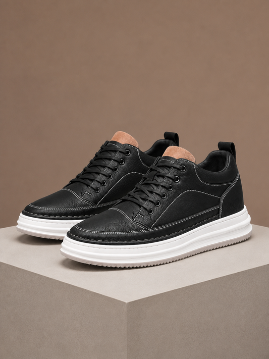 Men’s Leather Look Platform Trainers – Lace-Up Low-Top Casual Shoes - Black