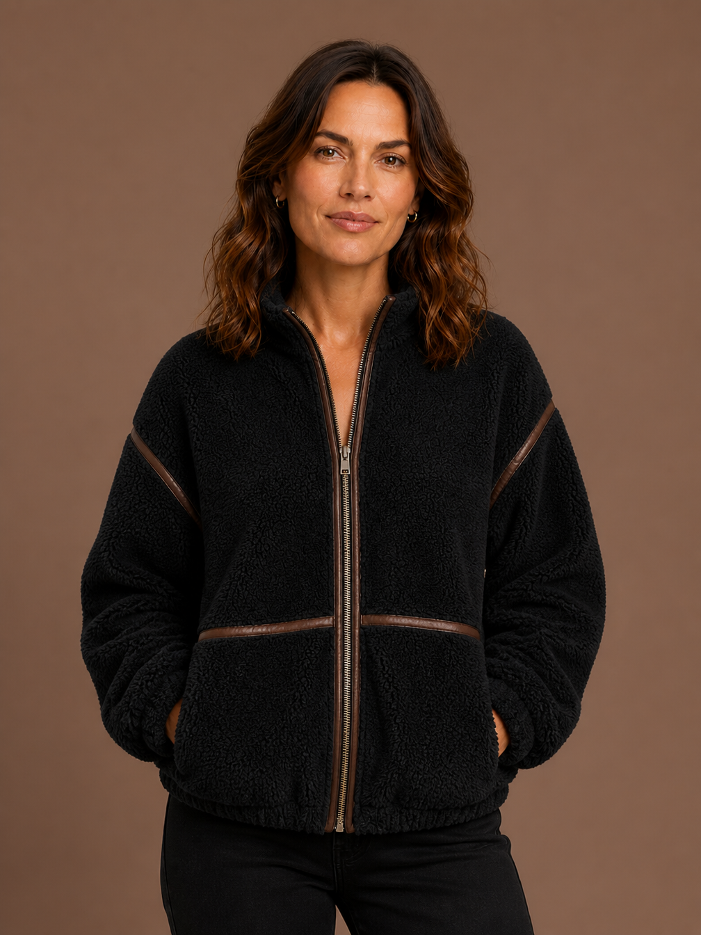 Women's Sherpa Fleece Jacket with Full Zip, Stand Collar and Patch Pockets - Black