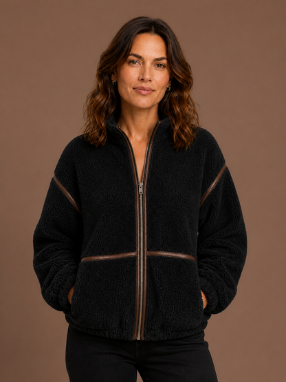 Women's Sherpa Fleece Jacket with Full Zip, Stand Collar and Patch Pockets - Black