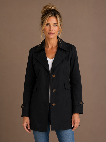 Women's Tailored Trench Coat - Elegant Tied Classic Short Coat with Classic Lapel Collar and Button Fastening - Black