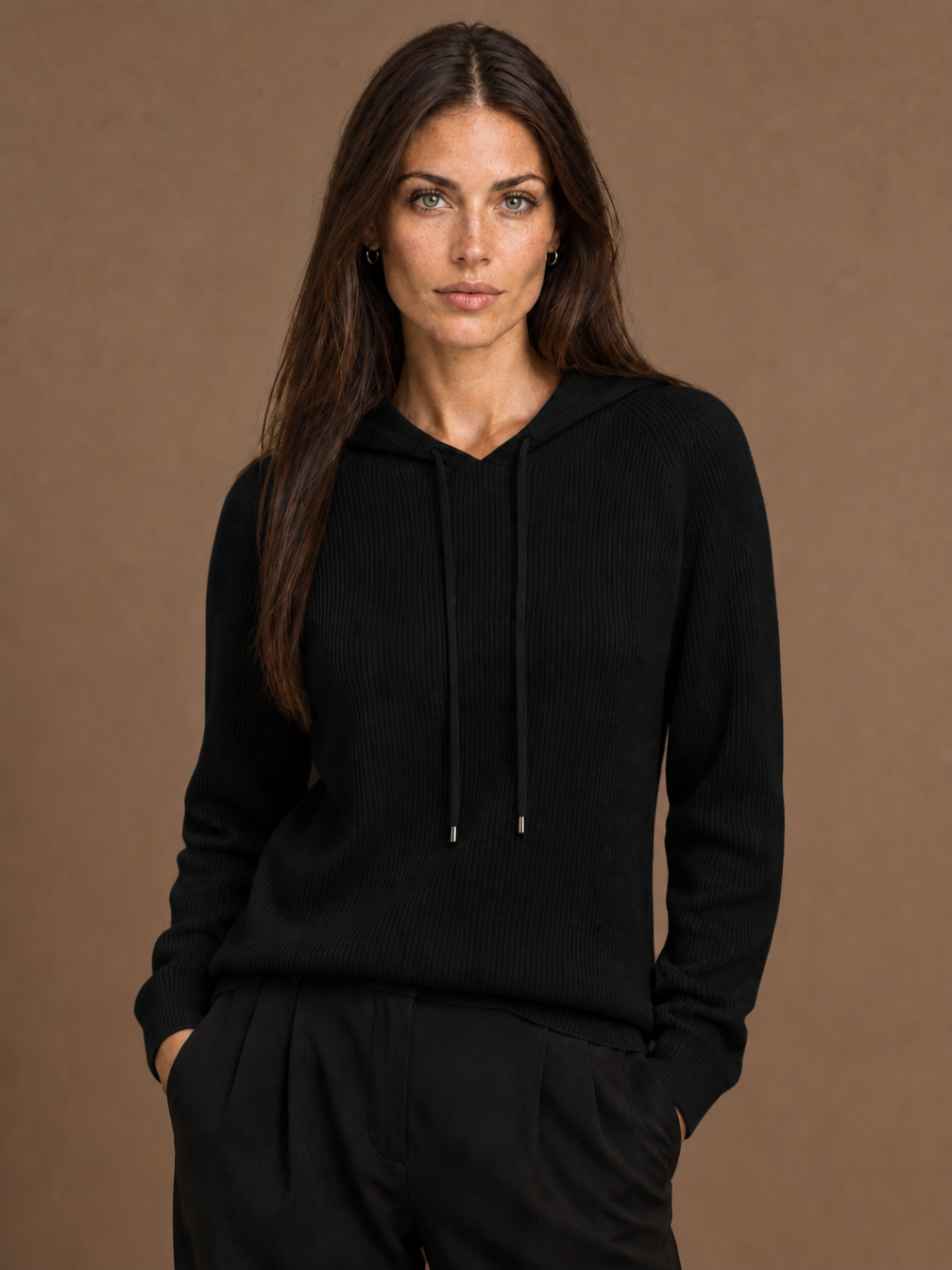 Women's Ribbed Cashmere Hoodie with Adjustable Drawstring - Black