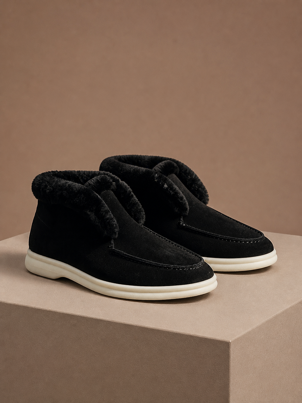Women's Shearling Suede Loafer - Moc Toe and Cushioned Sole Fleece Boots - Black