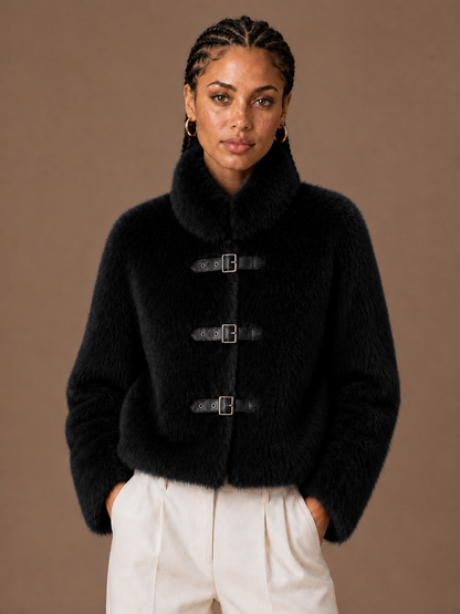 Women's Faux Fur Jacket, High Neck Cropped Winter Coat with Buckle Front - Black