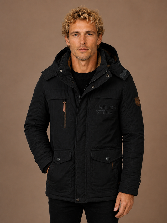 Men's Winter Parka with Hood, Padded Lining and Multiple Pockets - Black
