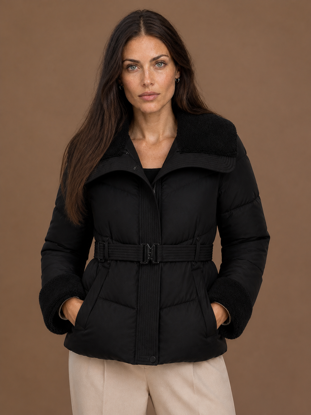 Women's Belted Puffer Jacket Winter Coat - Black