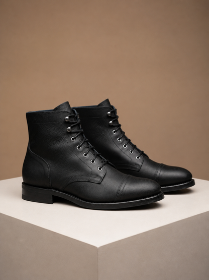 Men's Vintage Leather Ankle Boots with Lace-Up Front and Cap Toe - Black