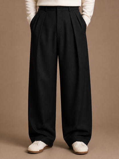 Men's Pleated Trousers High-Waisted Wide-Leg Tailored Pants with Belt Loops - Black