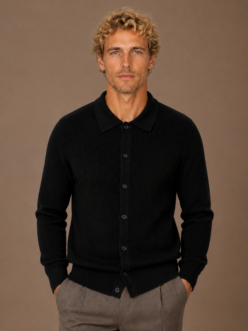 Men’s Knit Cardigan V-Neck Button Front Long Sleeve Sweater - Black