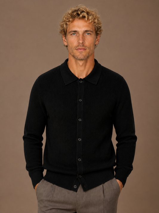 Men’s Knit Cardigan V-Neck Button Front Long Sleeve Sweater - Black