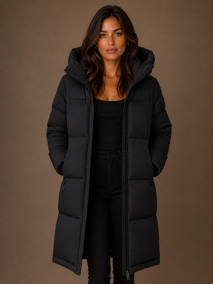 Women's Longline Hooded Puffer Coat – Knee-Length Padded Winter Coat - Black