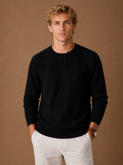 Men's Cable Knit Crew Neck Sweater, Regular Fit Textured Pullover - Black