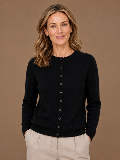 Women's Merino Wool Blend Cardigan - Button Front Knitted Sweater - Black