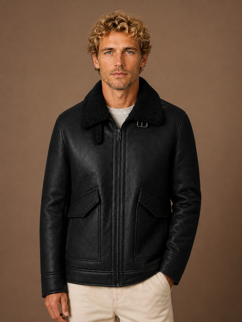 Men's Winter Overcoat - Tailored Longline Thick-Lined Coat with Structured Collar - Black