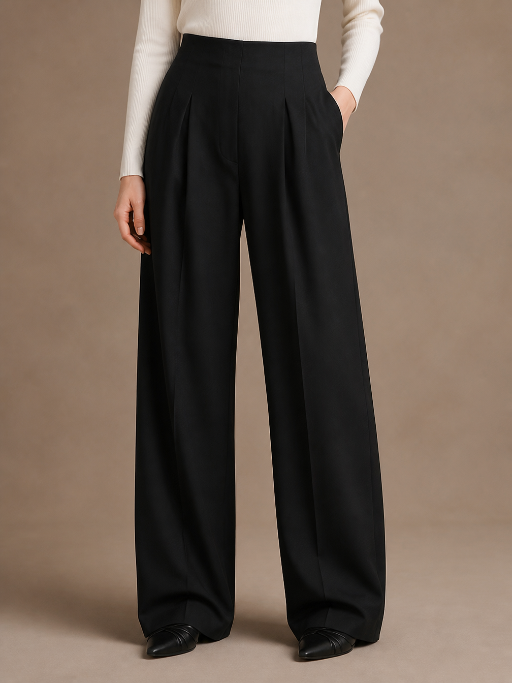 Women's High-Waisted Wide-Leg Draped Trousers with Elastic Waist - Black
