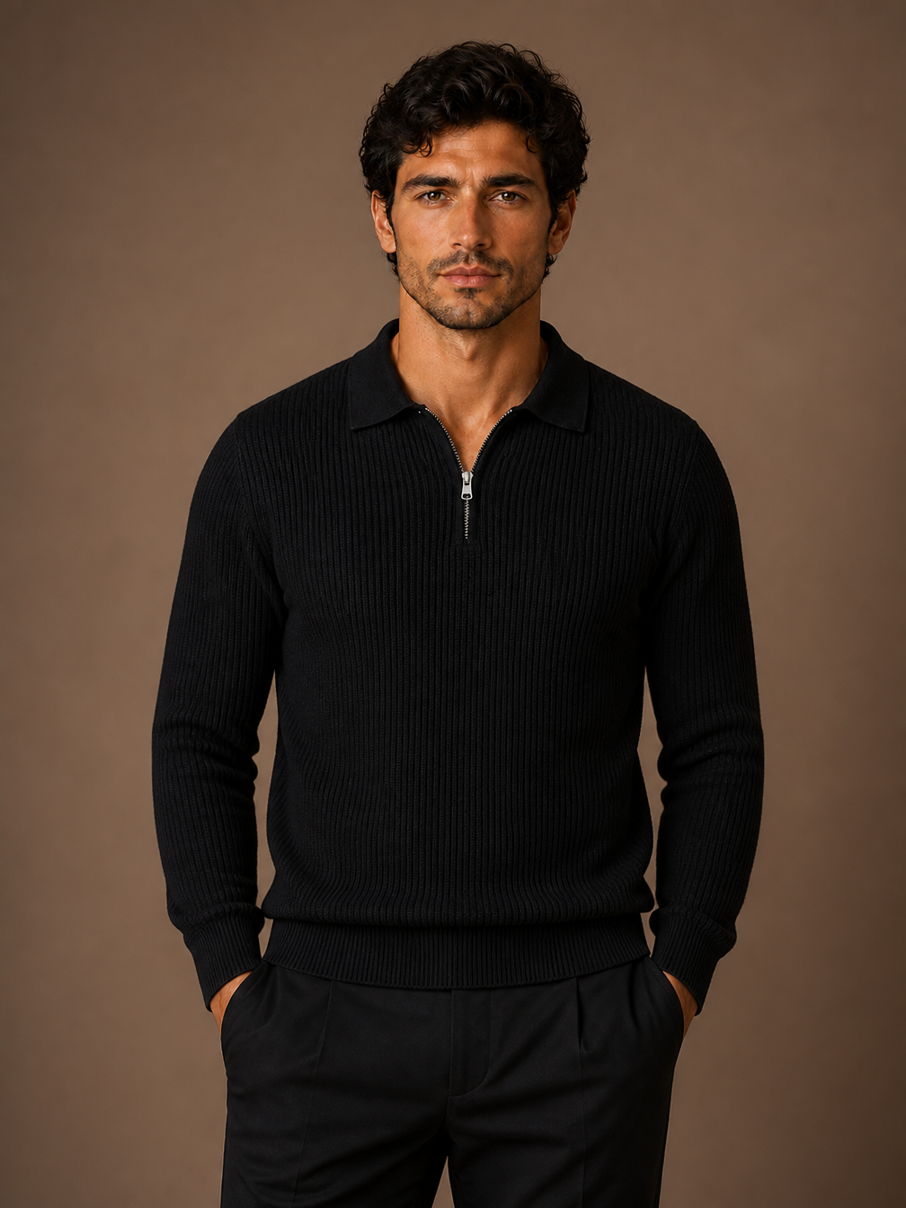 Men's Quarter-Zip Waffle Knit Sweater Fitted Stand Collar Jumper - BLACK