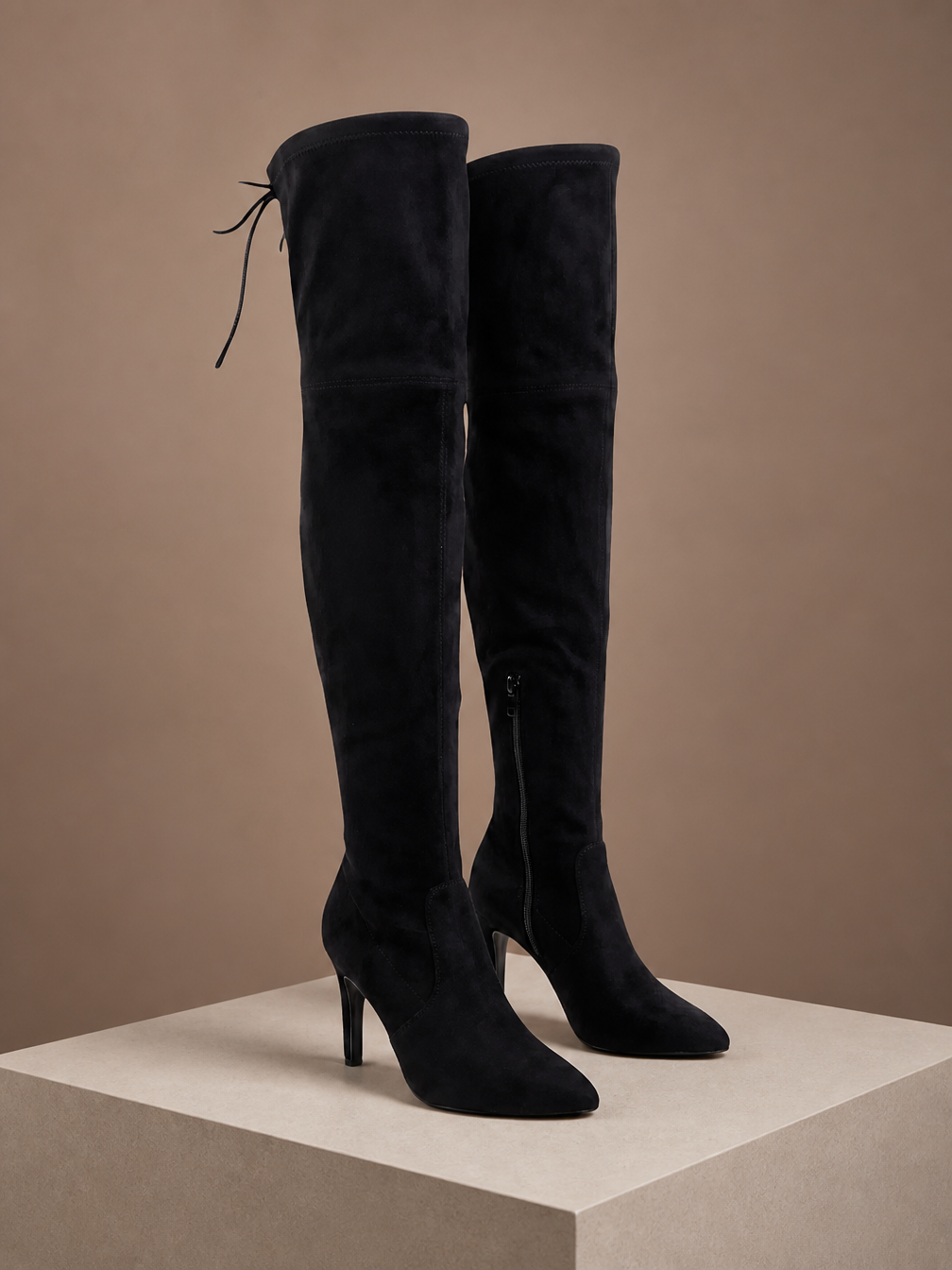 Women's Over-the-Knee Suede Boots with High Heel - Black