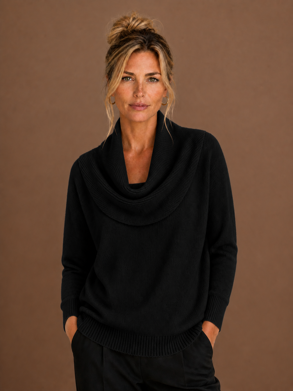 Women's Cowl Neck Knit Sweater Relaxed Pullover - Black