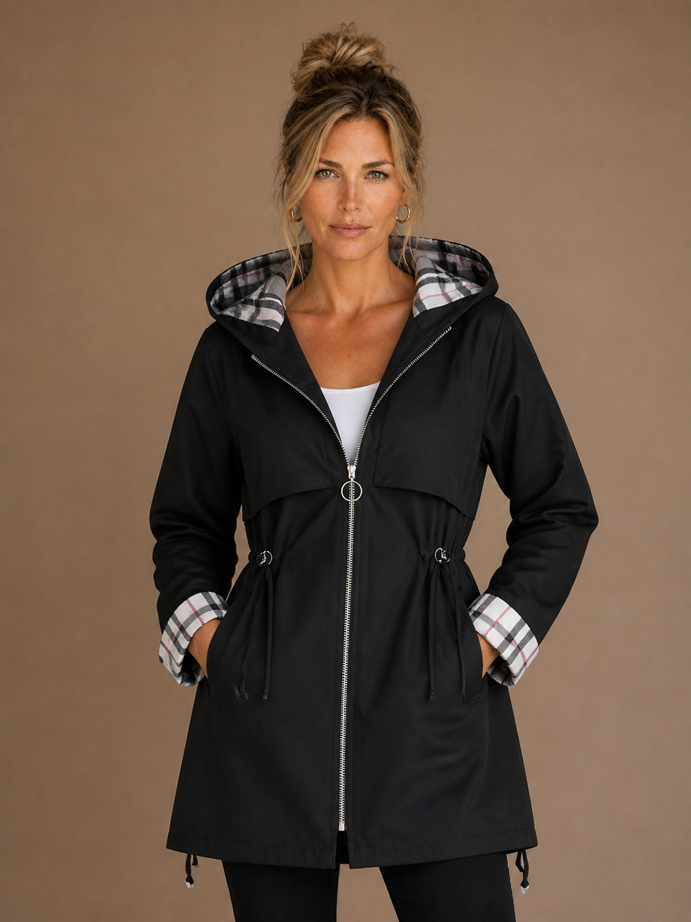 Women's Waterproof Windproof Coat - Hooded Zip Jacket for Rain - Black