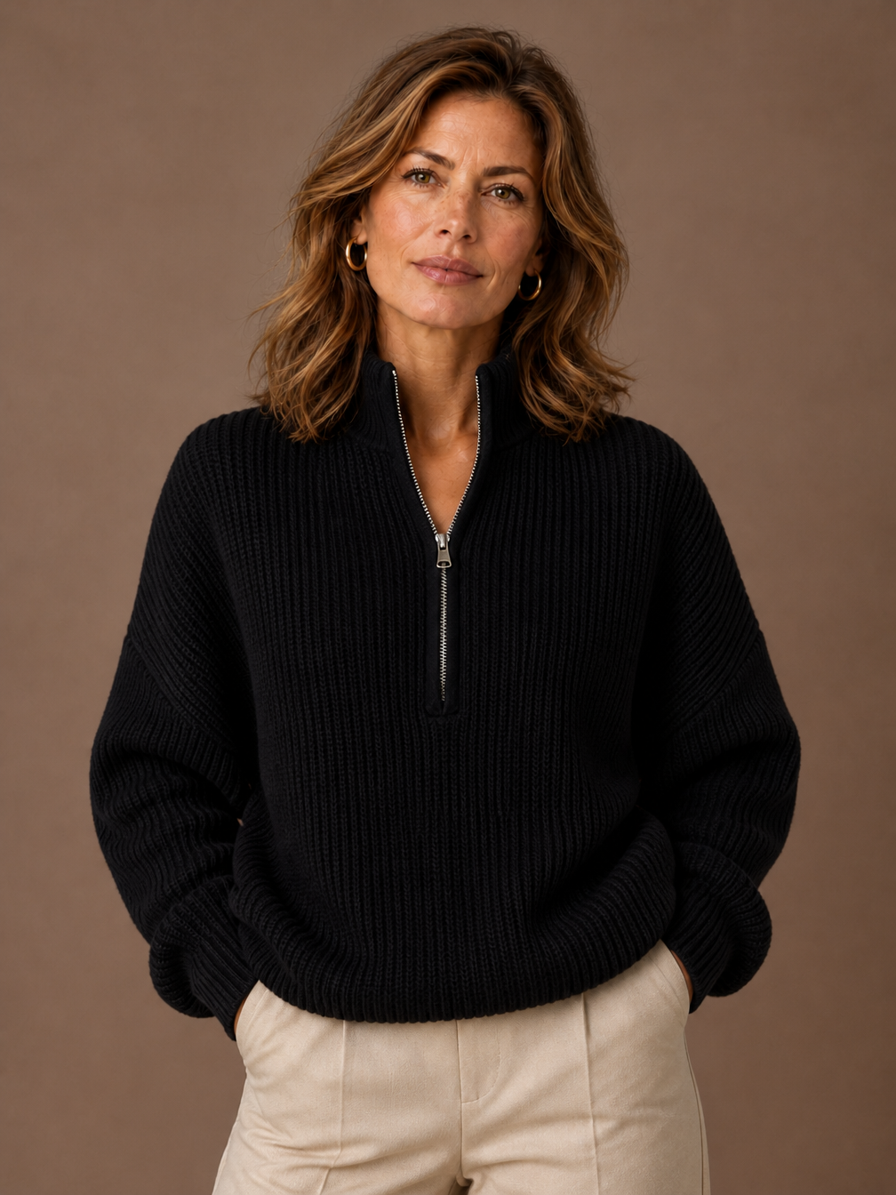 Women's Quarter-Zip Sweater Pullover with Zip Neck - Black