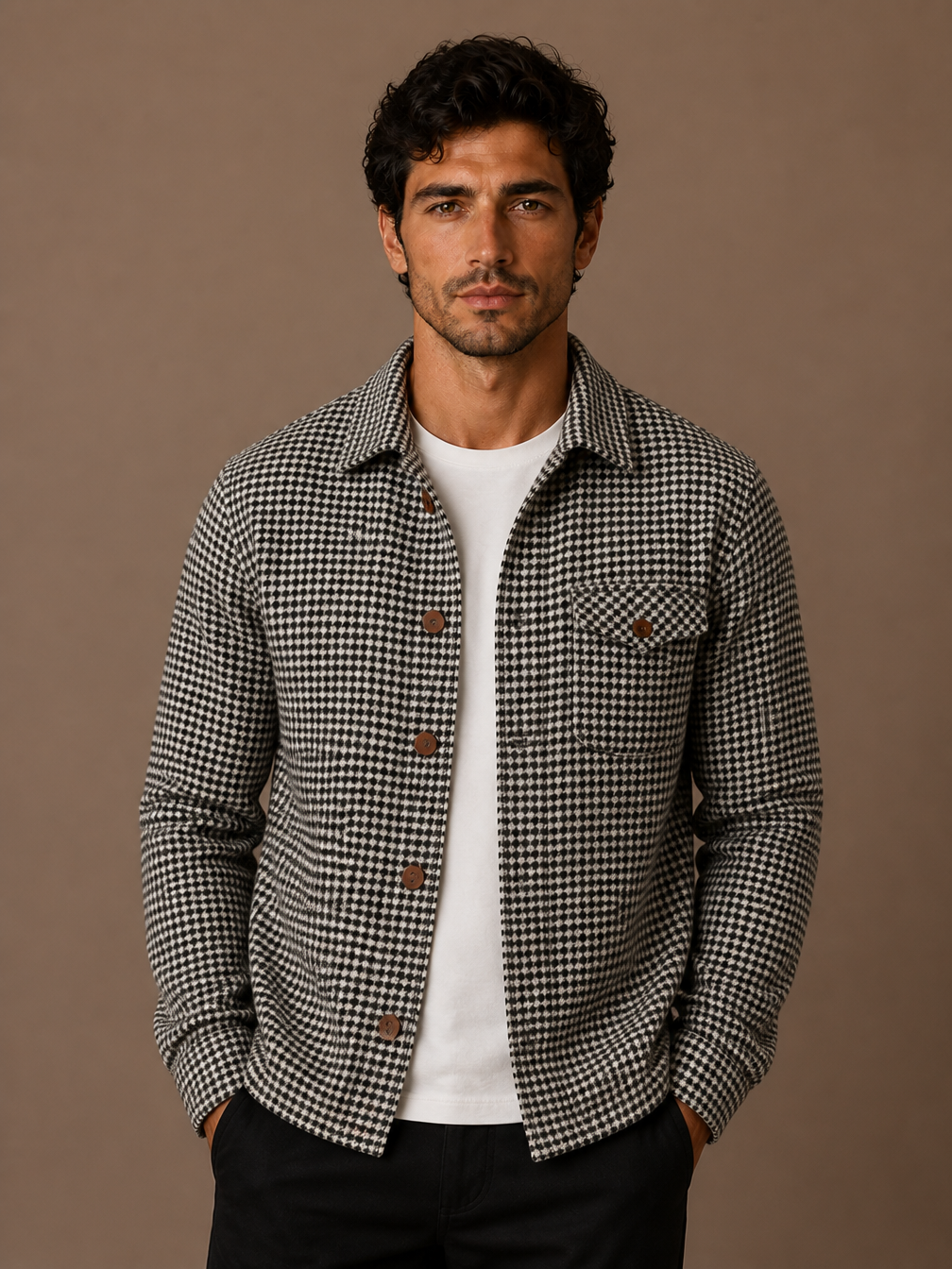 Men’s Houndstooth Shirt Jacket with Button Front - Long Sleeved Overshirt for Layering - Black