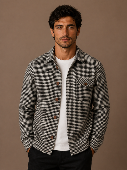 Men’s Houndstooth Shirt Jacket with Button Front - Long Sleeved Overshirt for Layering - Black