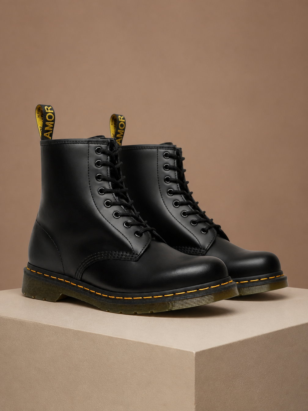 Women's Leather Combat Boots 8-Eye Lace-Up Chunky Sole Boots - Black