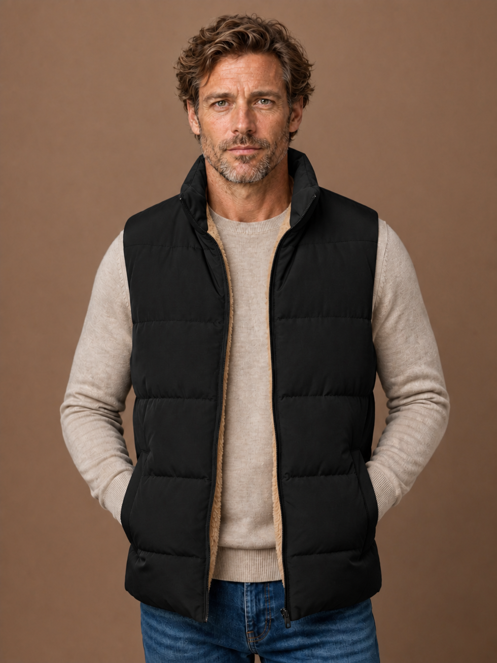 Men's Winter Gilet with Faux Fur Lining, Quilted Sleeveless Padded Waistcoat with Stand Collar - Black
