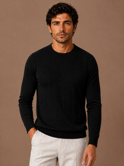 Men's Crew Neck Sweater Slim Fit Ribbed Pullover - Black