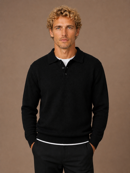 Men's Textured Knit Polo Jumper Relaxed Fit Open Collar Long Sleeve - BLACK