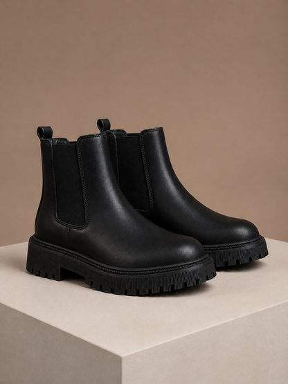 Women's Black Chelsea Boots with Lug Sole, Slip-On Ankle Boots - Black