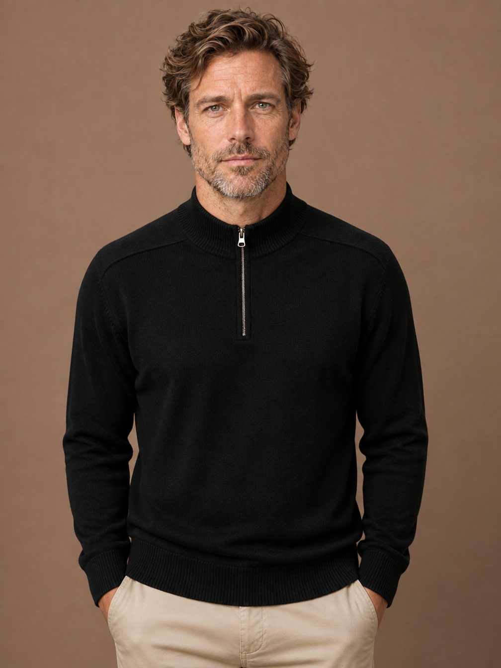 Men's Merino Wool Half-Zip Jumper with Stand Collar, Slim Fit - BLACK