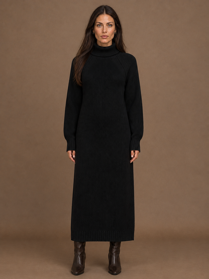 Women's Turtleneck Sweater Dress - Ribbed Knitted Winter Maxi Dress - Black