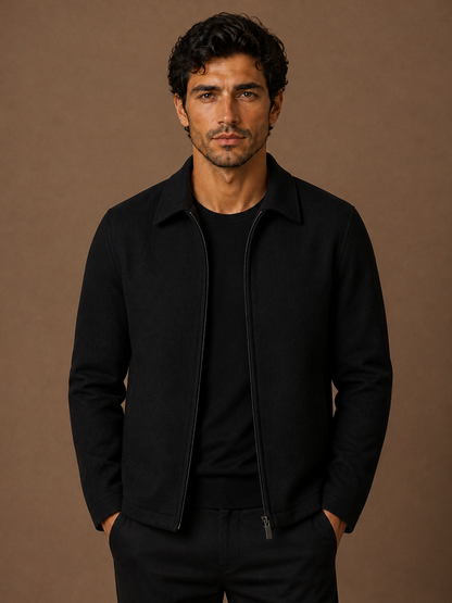Men’s Wool Blend Jacket with Plaid Lining - Lightweight Warmth Overshirt - Black