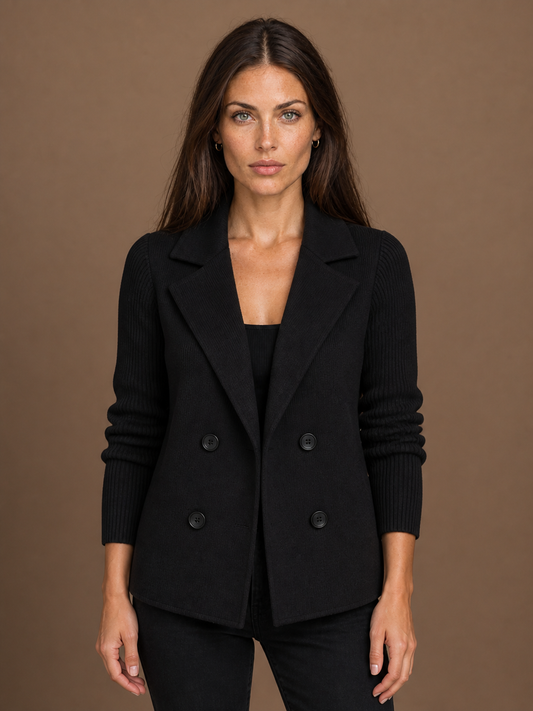 Women's Double-Breasted Blazer - Elegent Knitted Jacket - Black