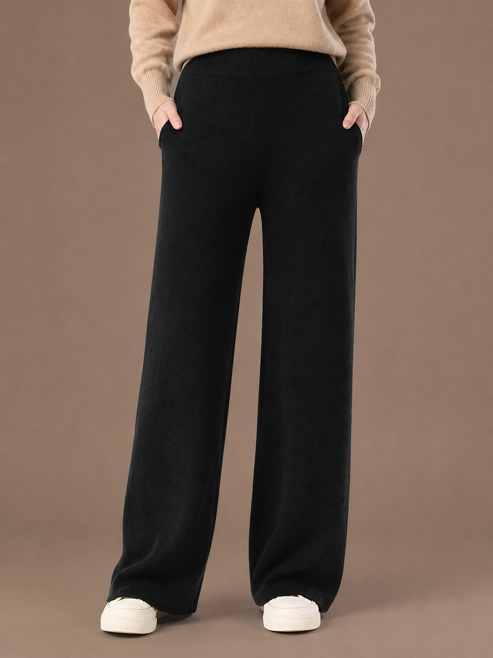 Women's 100% Merino Wool Wide-Leg Trousers with High Waist and Elasticated Waist - Black